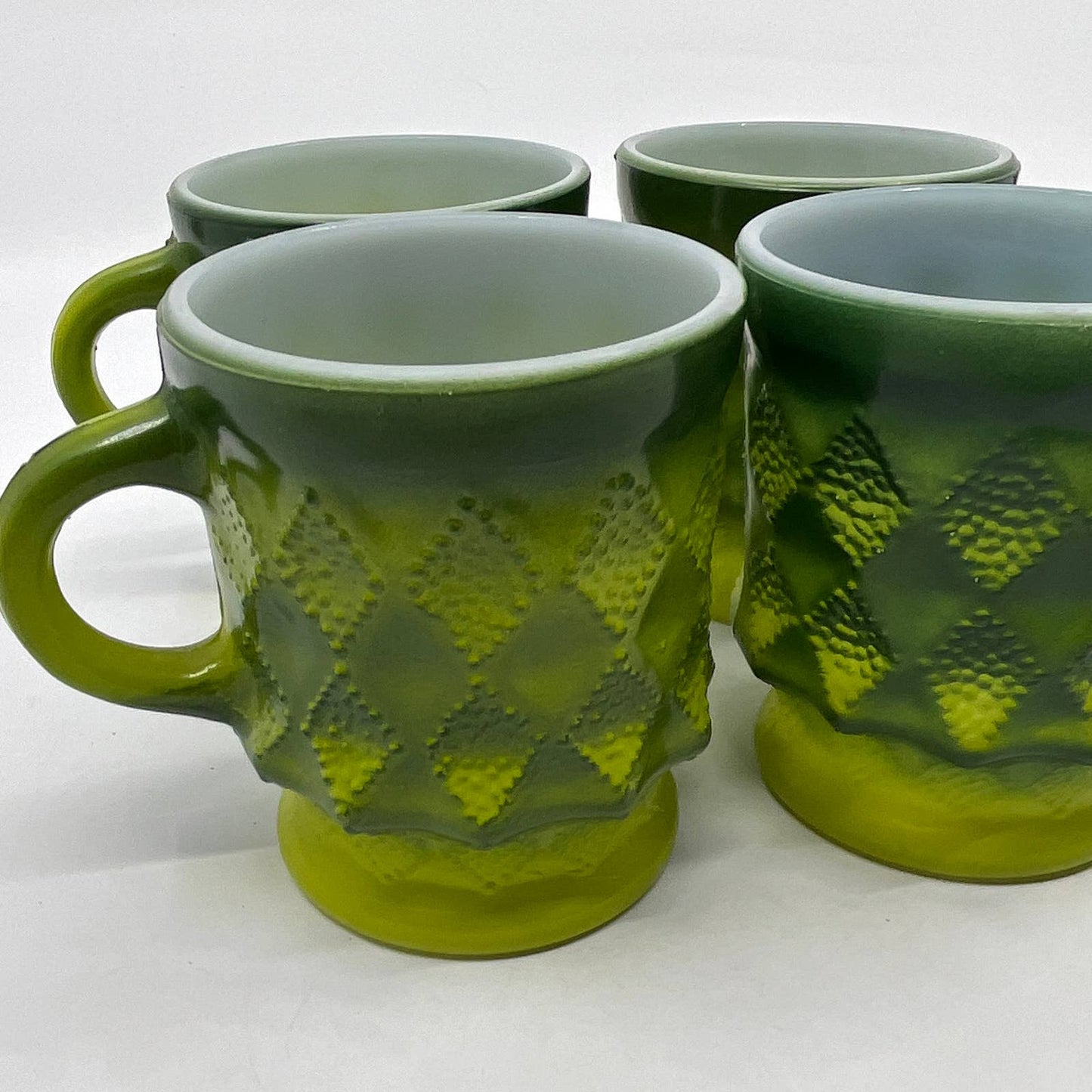 Vintage Fire King GREEN Ombre Kimberly Diamond Mug Set of 4 TH5-2