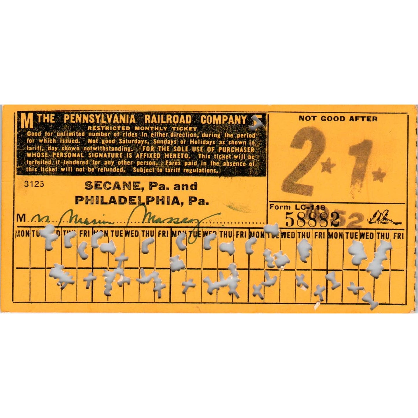 1952 Pennsylvania Railroad Company Restricted Monthly Ticket SE8