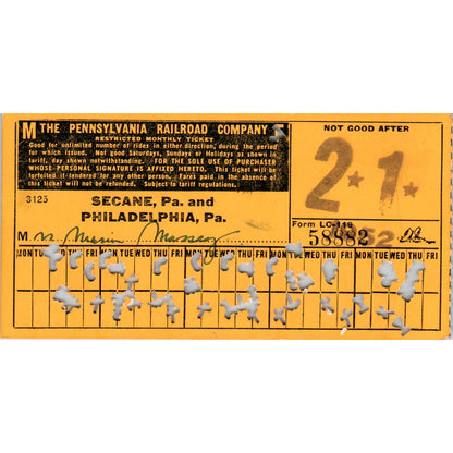 1952 Pennsylvania Railroad Company Restricted Monthly Ticket SE8