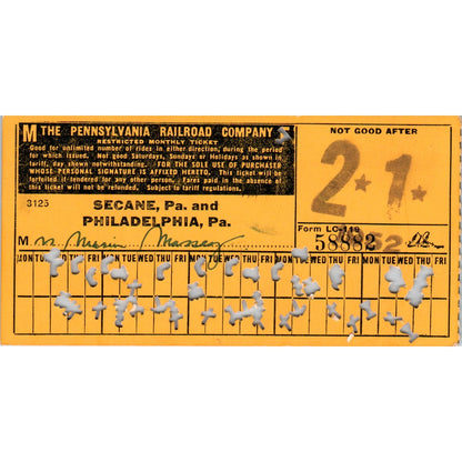 1952 Pennsylvania Railroad Company Restricted Monthly Ticket AK3-M41