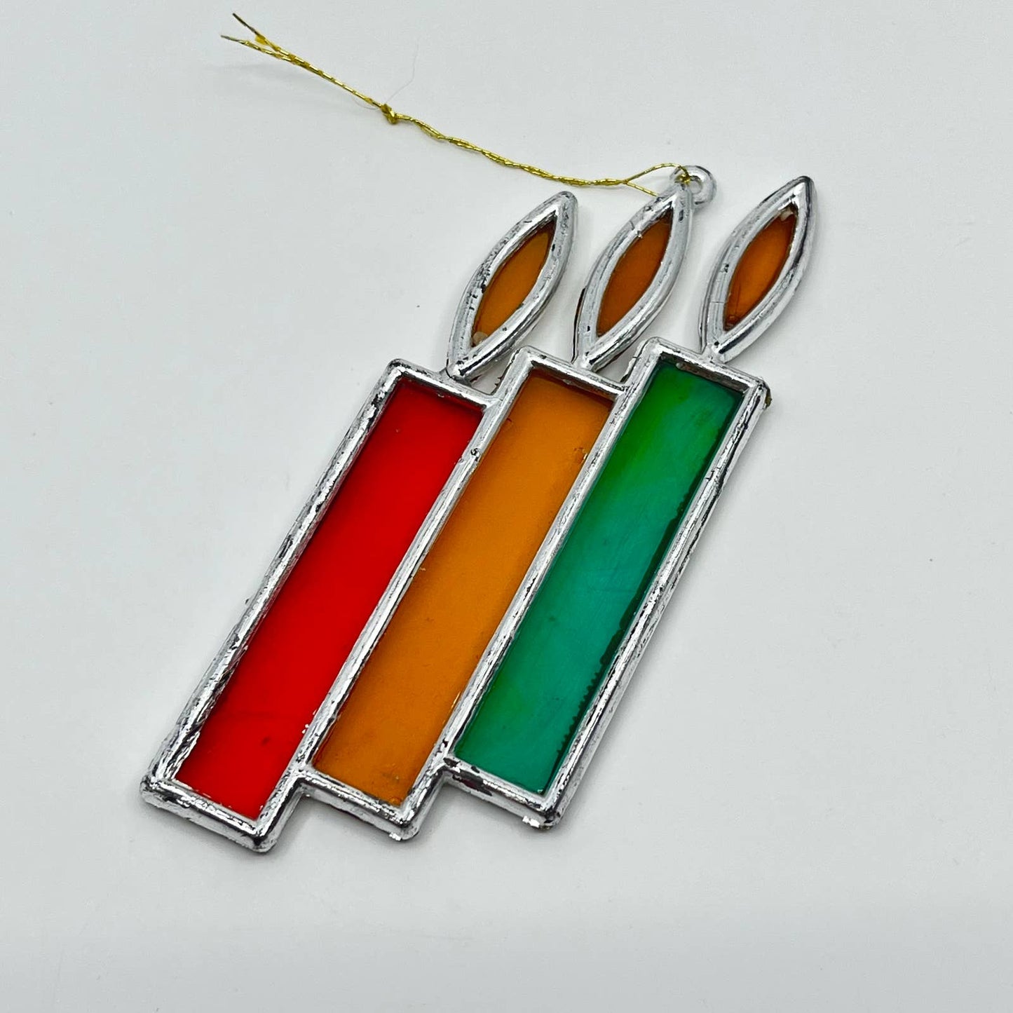 1970s Acrylic Stained Glass Style Ornament Red Orange Green Candles SC6