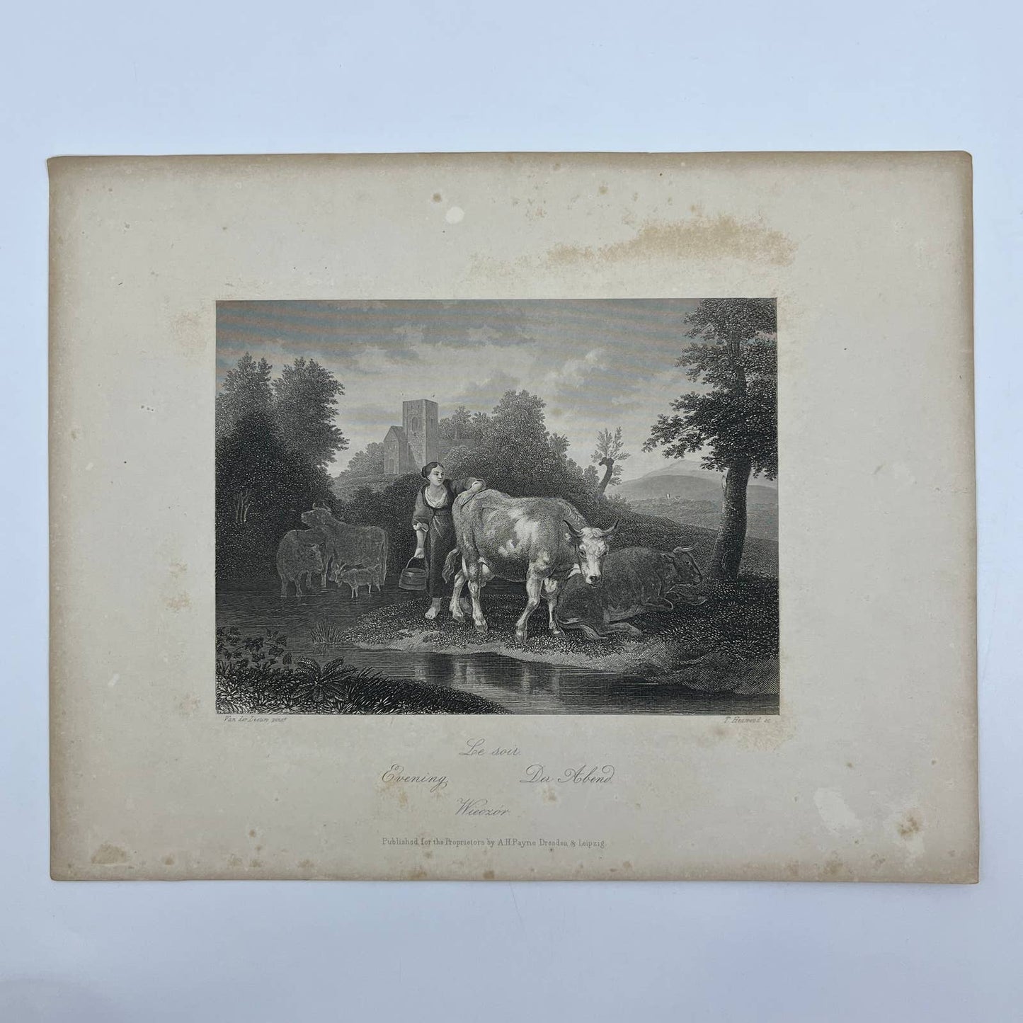 1864 Original Steel Art Engraving - Evening - Van Der Leeuro 8.5x11" AC3