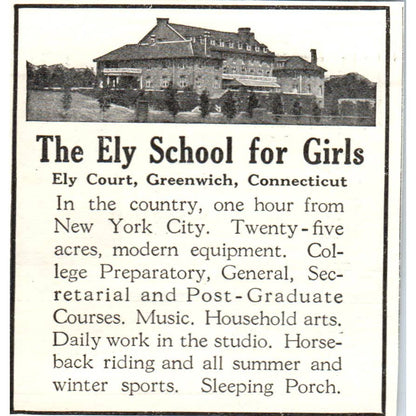 The Ely School for Girls Greenwich CT - 1921 Original Ad TJ7-S