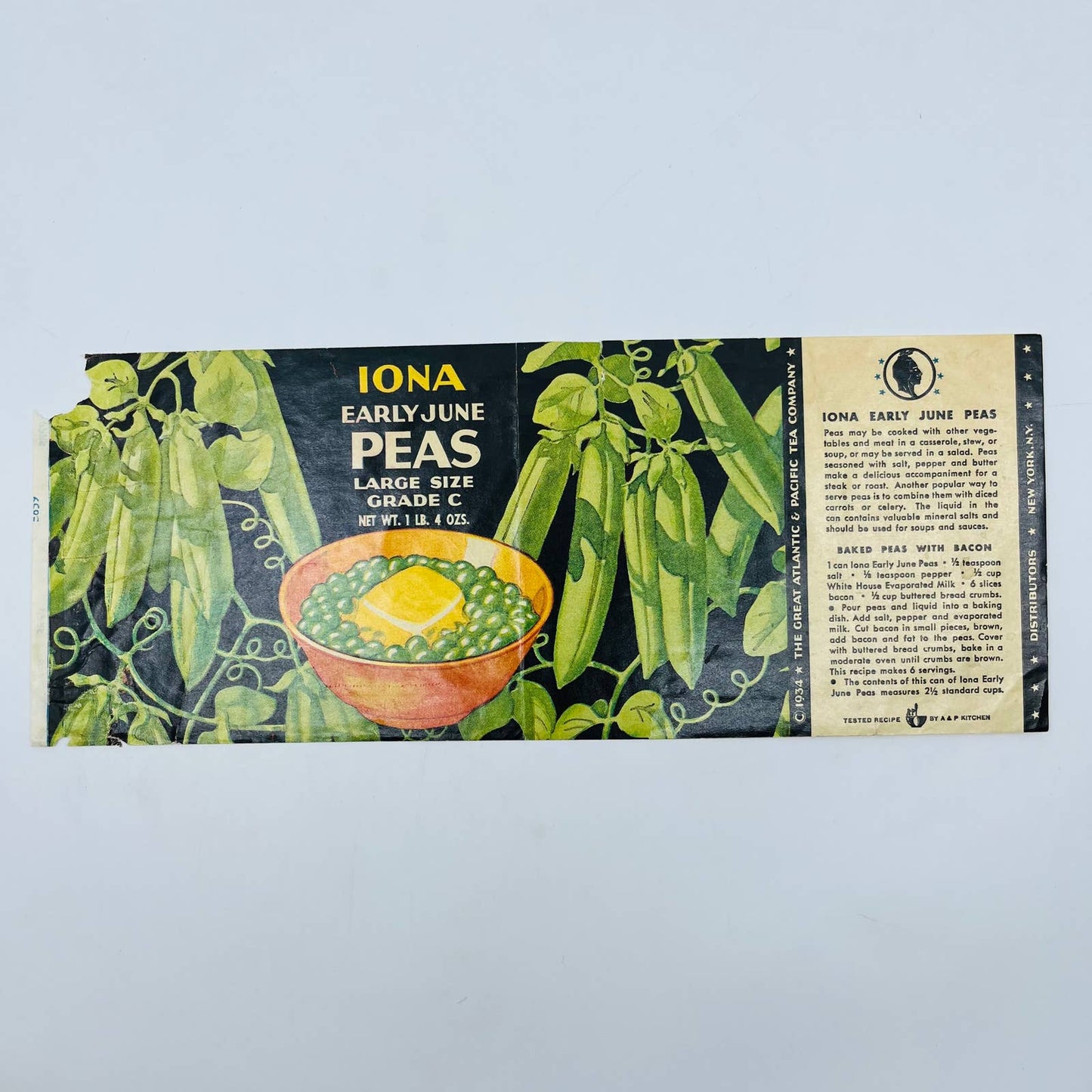 1934 Iona Early June Peas Label Great Atlantic & Pacific Tea Company EA4