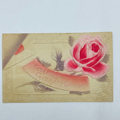 1910s Post Card Embossed Airbrushed Silk Rose Congratulations PA6