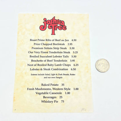 1971 Joshua Tree Restaurant Menu FL3