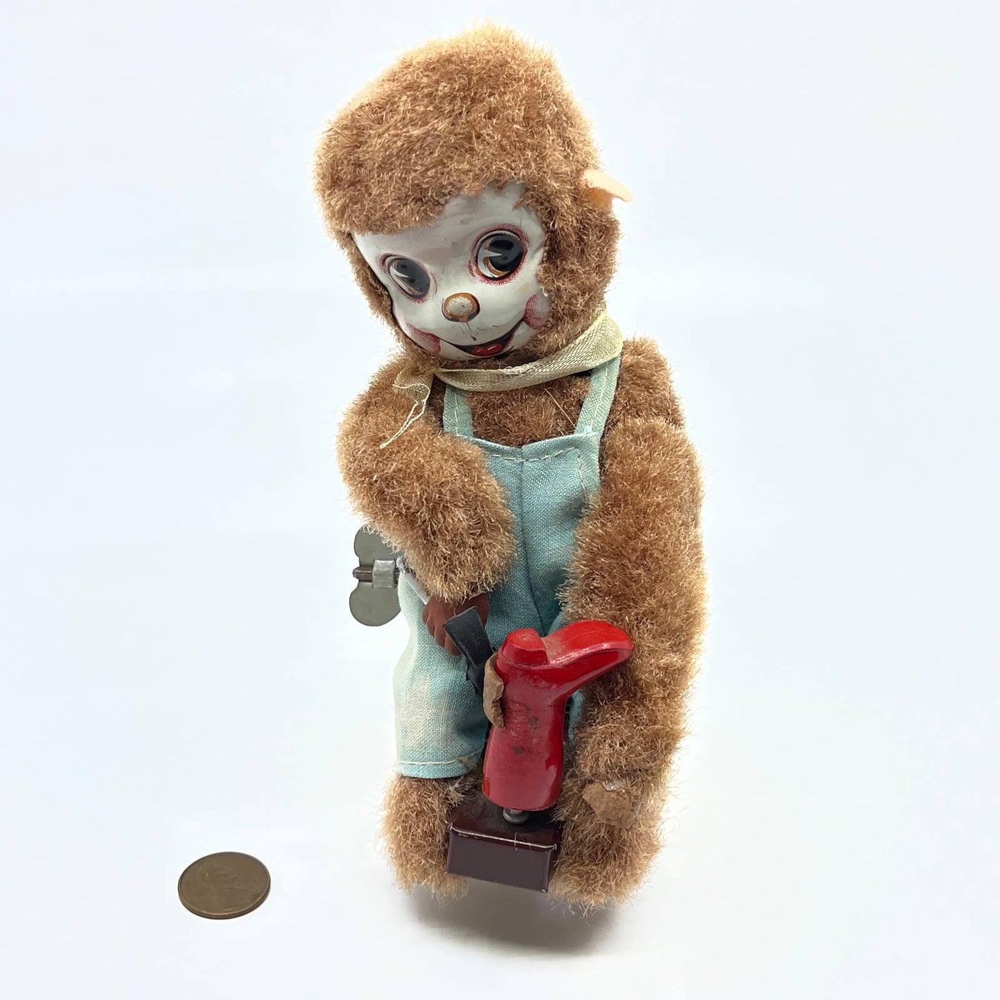 Vintage Tin Litho Wind Up Monkey Shoe Shiner Maker Toy Japan w/ Key  TC8