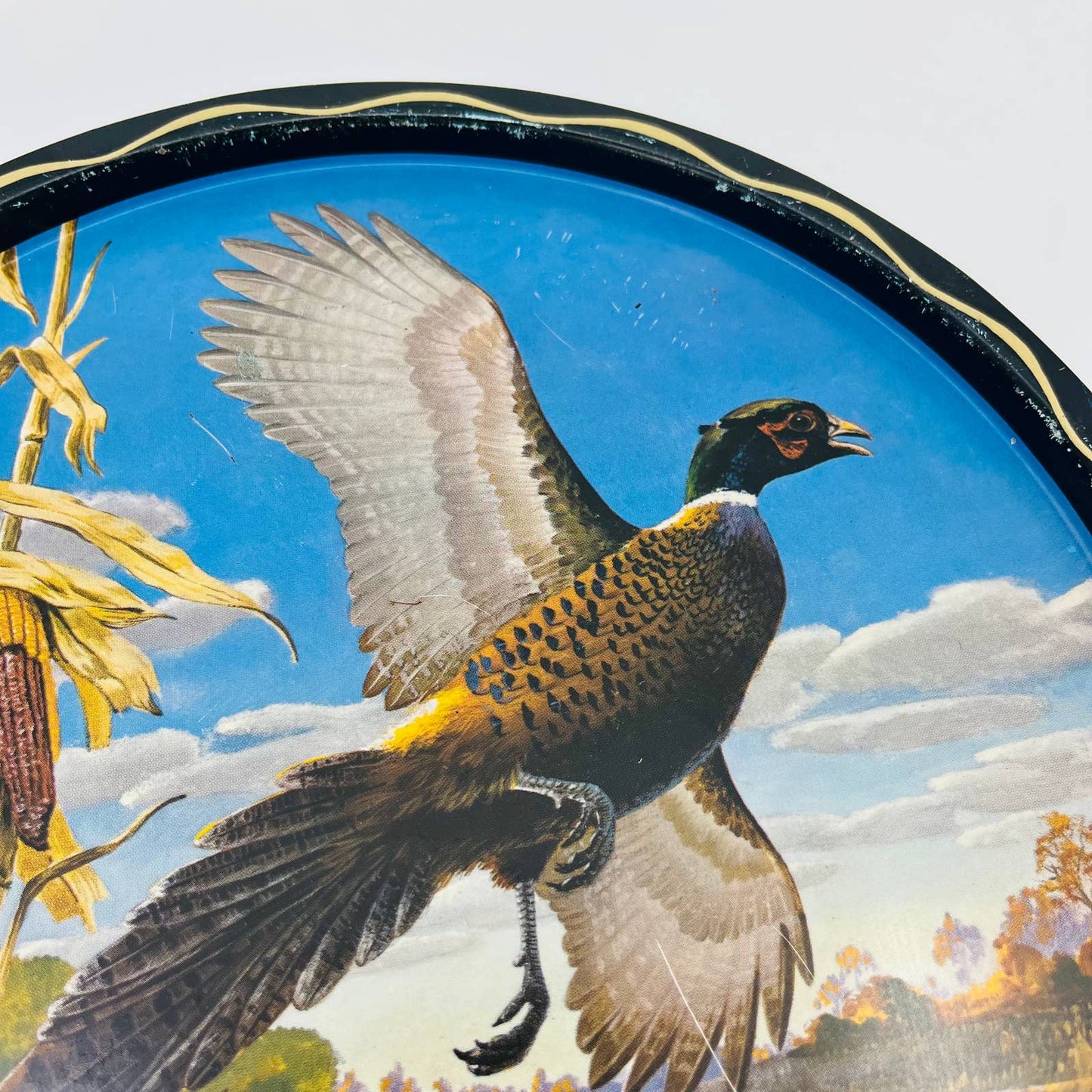 1960s Hunting James L  Artig Wall Mount Serving Tray Pheasant Cornfield  11” TD9