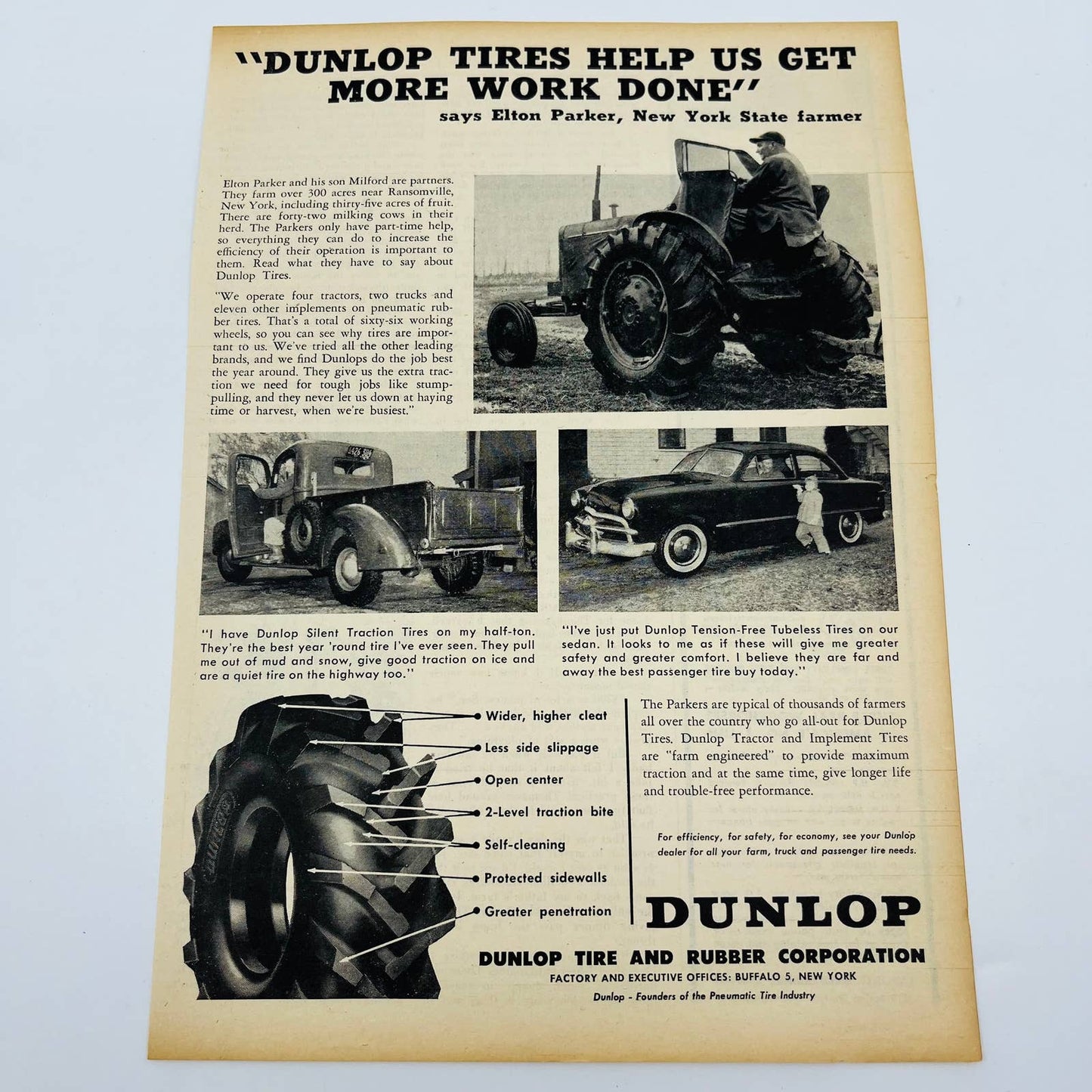 Vintage Advertisement 1940s DUNLOP TIRES Tractor Pickup Farmer New York AA1