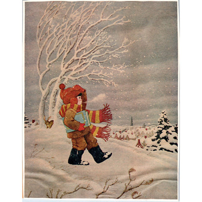 Vintage Kitschy Art Print Little Boy in Snowstorm With Scarf 7x9 TJ1-2