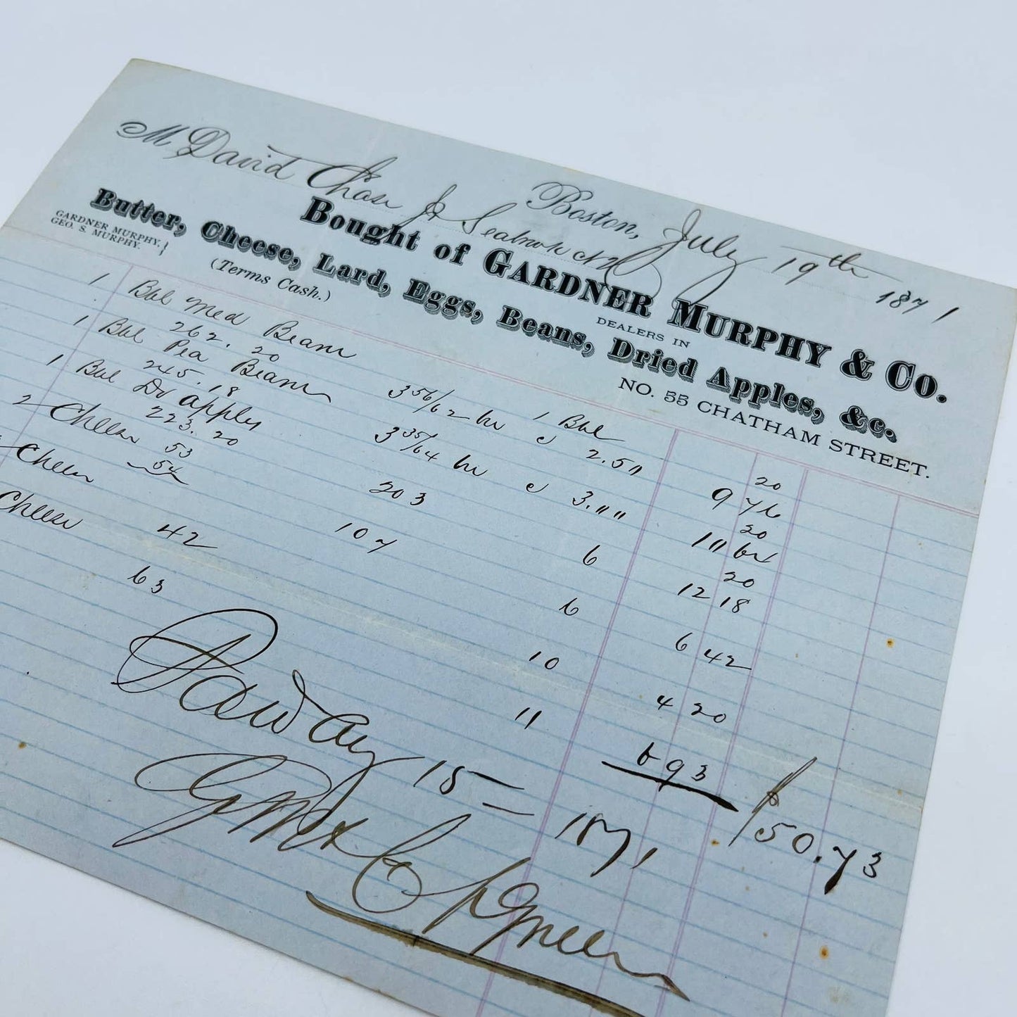 1871 Gardner Murphy & Co. 55 Chatham Street Baltimore MD Billhead  Receipt AA4