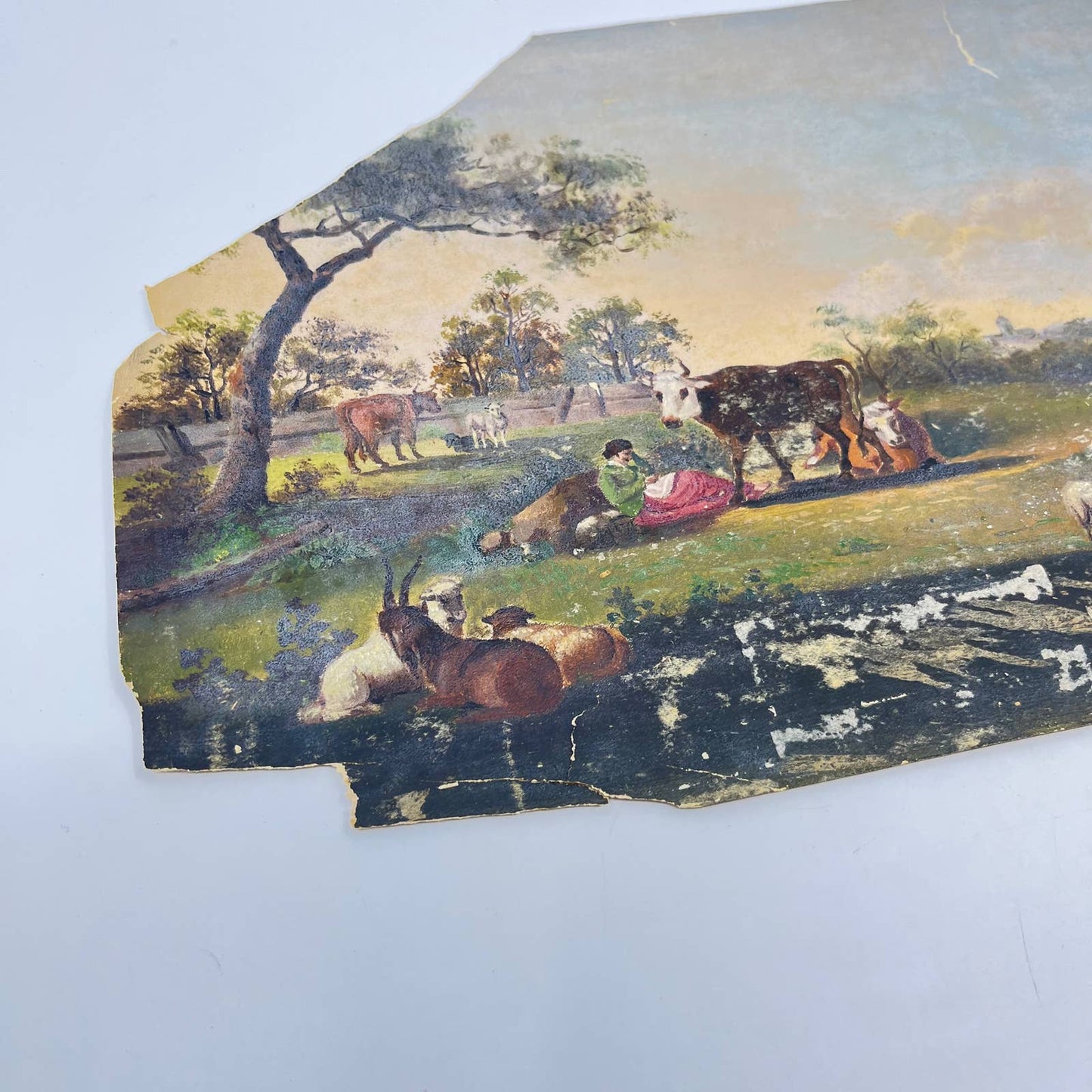 1880s Original Painting Pasture Scene Woman & Cows 8x10 AA7