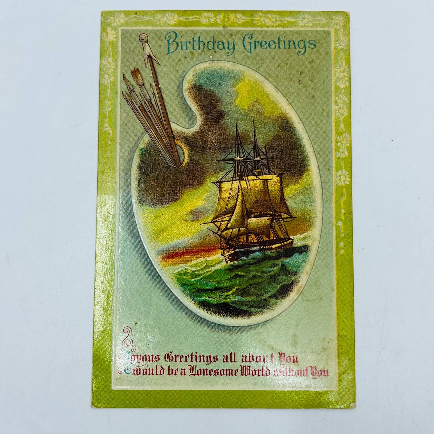 1910s Birthday Post Card Clipper Ship Artists Pallet Sailboat Ship Poem PA5