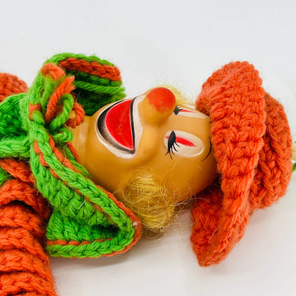 1960s Retro Kitsch Handmade Crocheted Clown Doll Toy Plastic Face 10” TB7