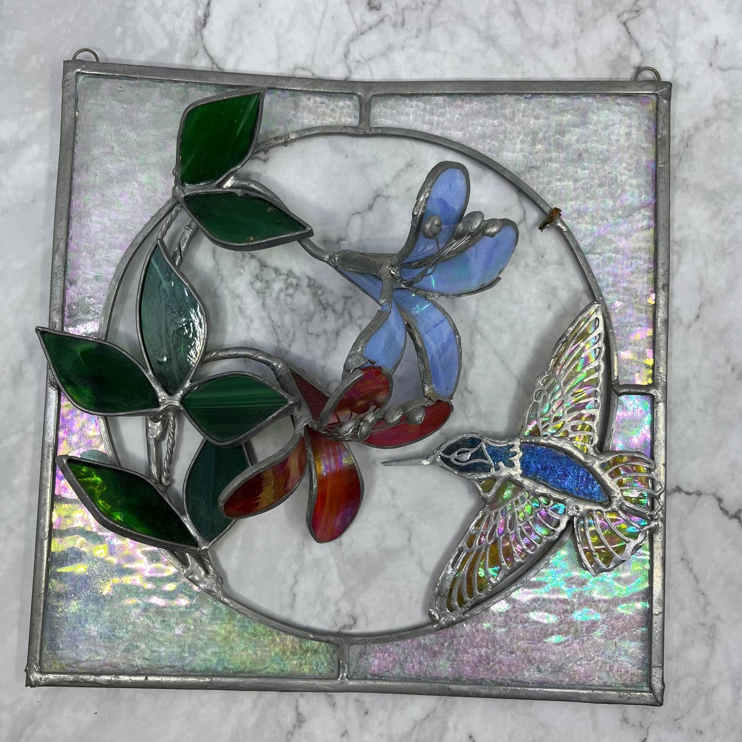 Vintage Stained Glass Sun Catcher 3D Hummingbird and Flowers 10.5” TA9