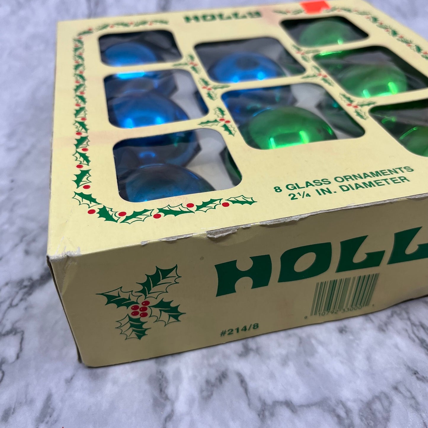 HOLLY 8 Vintage 2 1/4" Mercury Glass Ornaments Original Box Blue Green TK3
