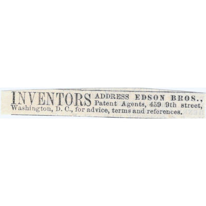 Inventors Patent Agents Edson Bros. Washington DC - Ad 1878 Original TJ7-L2-2