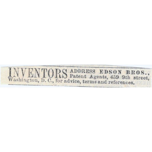 Inventors Patent Agents Edson Bros. Washington DC - Ad 1878 Original TJ7-L2-2