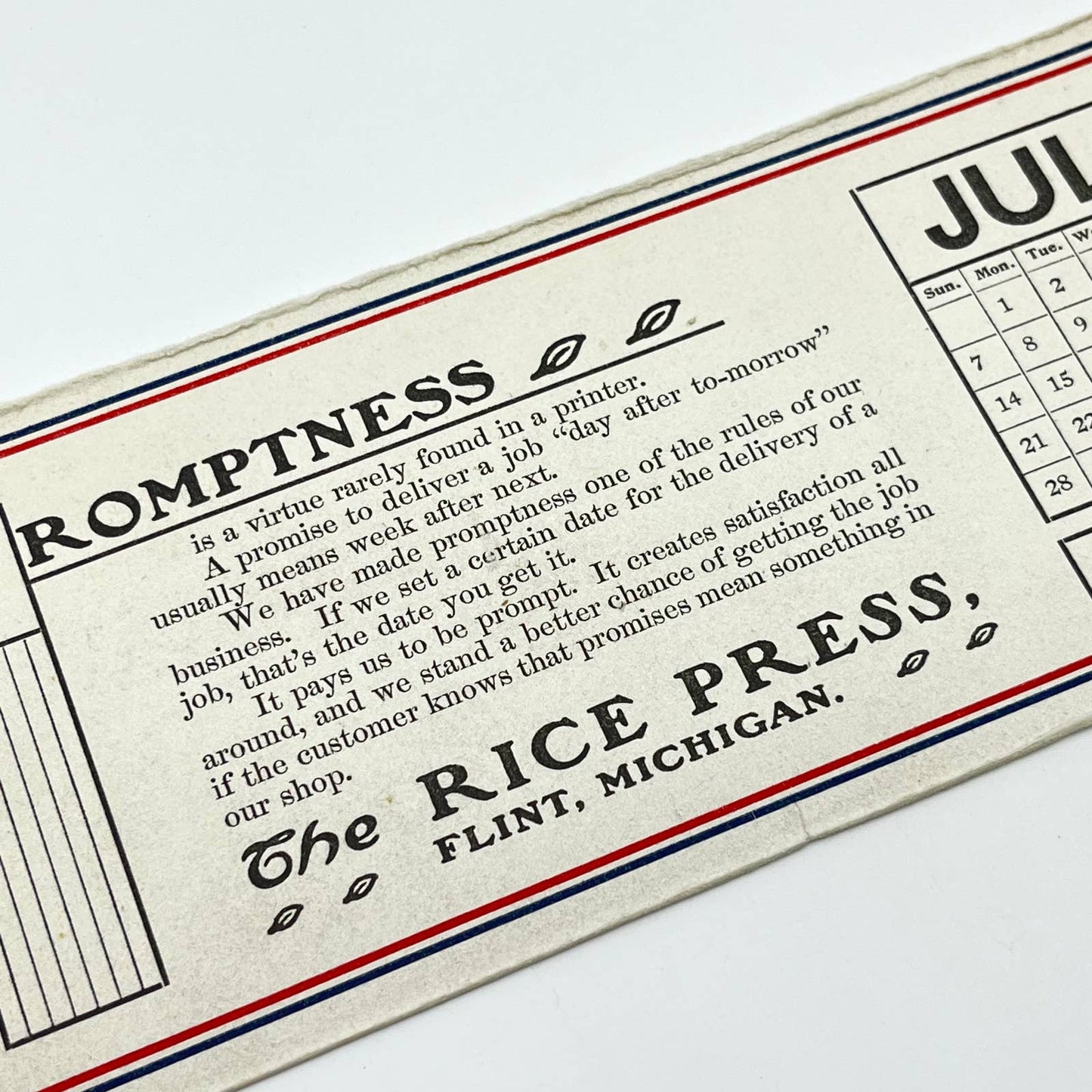 1910s Blotter Card The Rice Press Promptness July Calendar Flint MI SC8