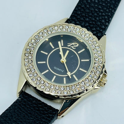Vintage Gold Tone Rhinestone Quartz Watch Leather Band SA6