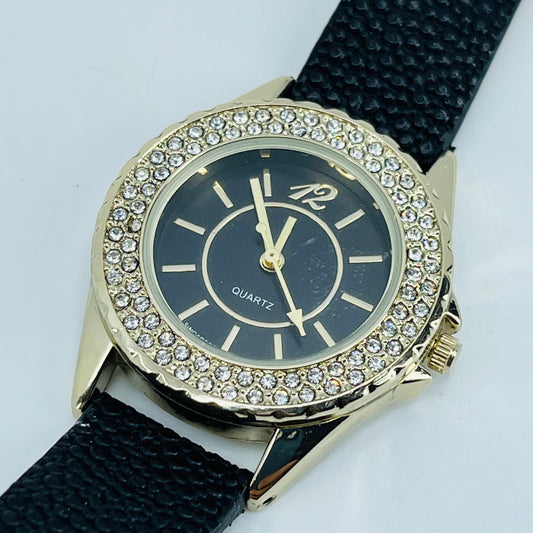 Vintage Gold Tone Rhinestone Quartz Watch Leather Band SA6