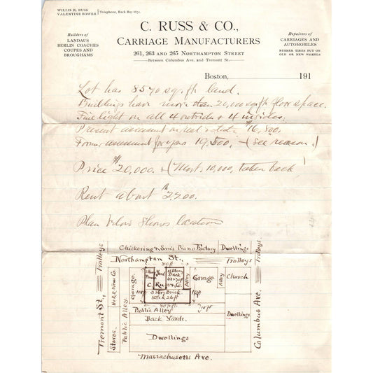 c1910 Letterhead C Russ & Co Carriage Manufacturers w/ Hand Drawn Map Boston AD4