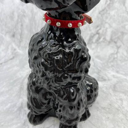 Vintage MCM Large Porcelain Black Poodle Dog Figurine Glossy Black 10.5" TJ1