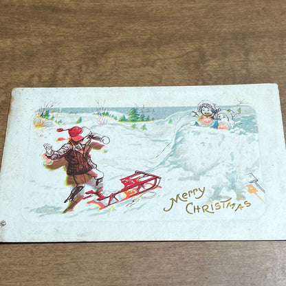 c1910 Embossed Snowball Fight Sled Baby Children Merry Christmas Postcard PA2