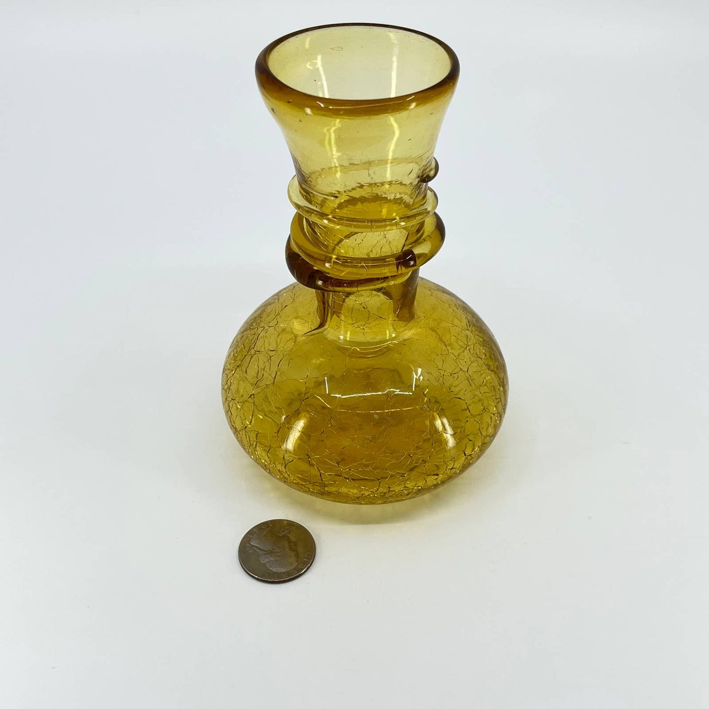 Vintage Blenko Crackle Golden Honey Amber Art Glass Vase 5.5” TE3