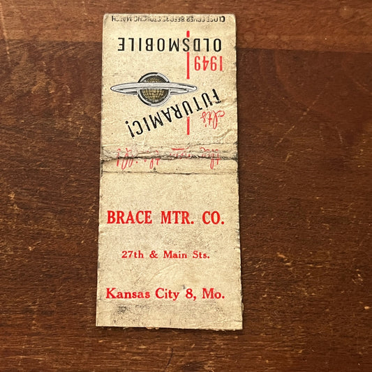 1949 Brace Motor Co Oldsmobile Kansas City Advertising Matchbook MM9-3