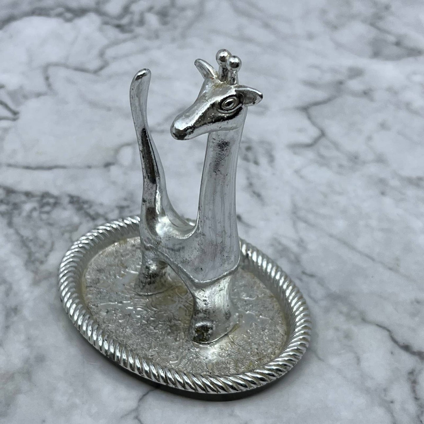 Vintage 1960's Sliver Plated Giraffe Ring Holder, Jewelry Trinket Dish TJ1