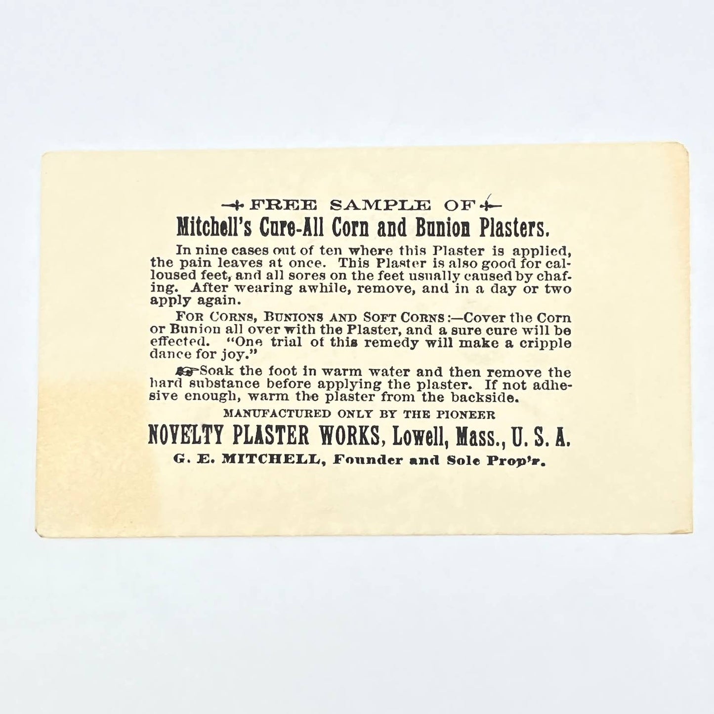 c1900 Sample Envelope Mitchell's Cure-all Corn & Bunion Plasters Lowell MA AC2