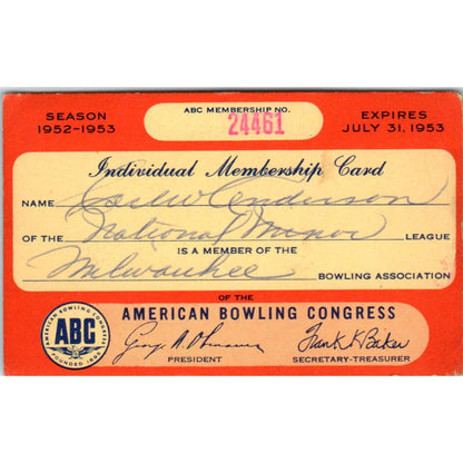 1952 American Bowling Congress Milwaukee Membership Card National Minor SE5-45