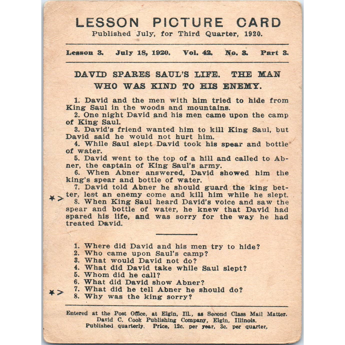 1920 Christian Lesson Picture Card David Spares Saul's Life SE5