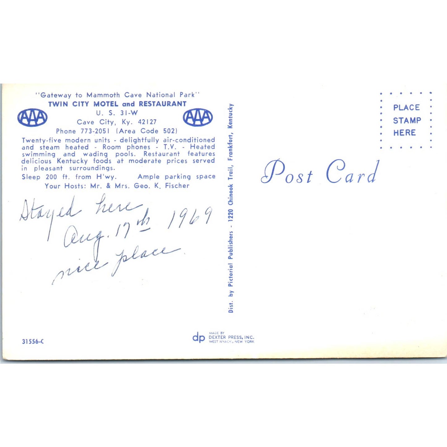 Twin City Motel and Restaurant Cave City KY Geo K. Fischer 1969 Postcard TJ9-P2