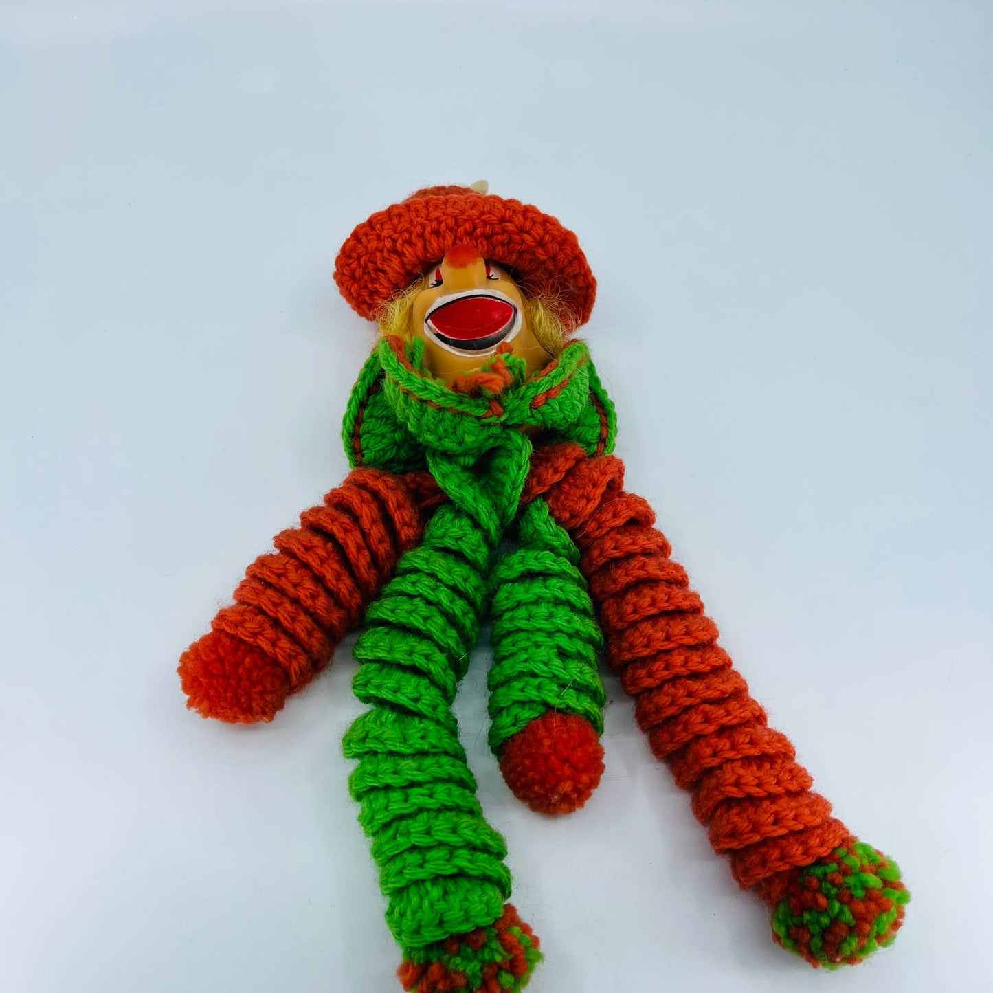 1960s Retro Kitsch Handmade Crocheted Clown Doll Toy Plastic Face 10” TB7