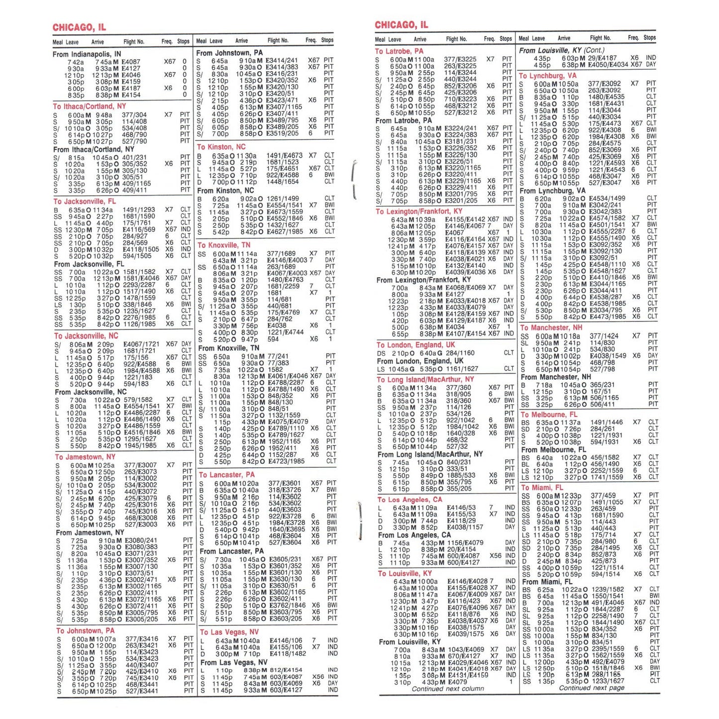 1991 US Air Airline City Timetable Chicago O'Hare and Midway SE4