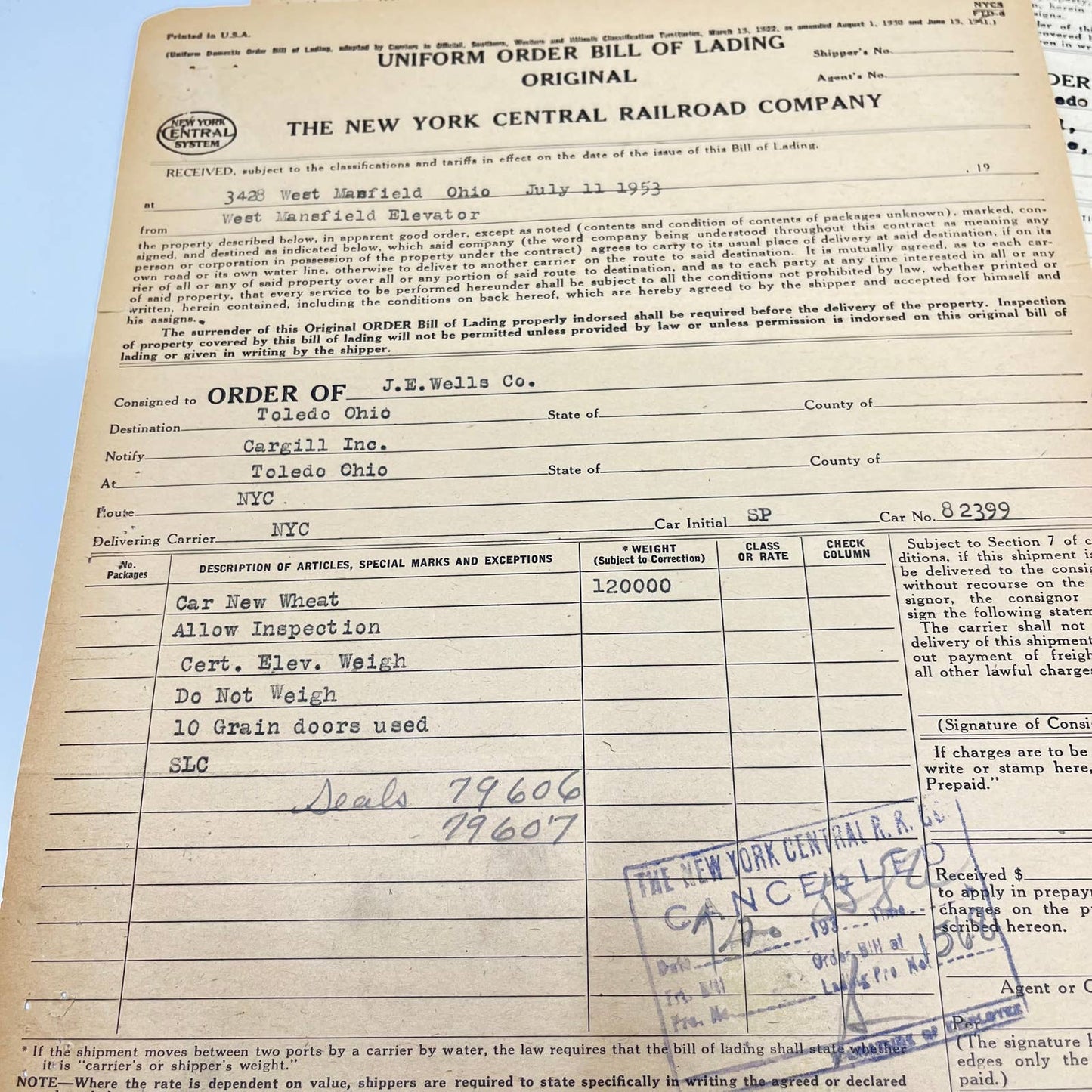 1953 The New York Central Railroad Co RR Original Bill of Lading Lot of 10 AB1-3