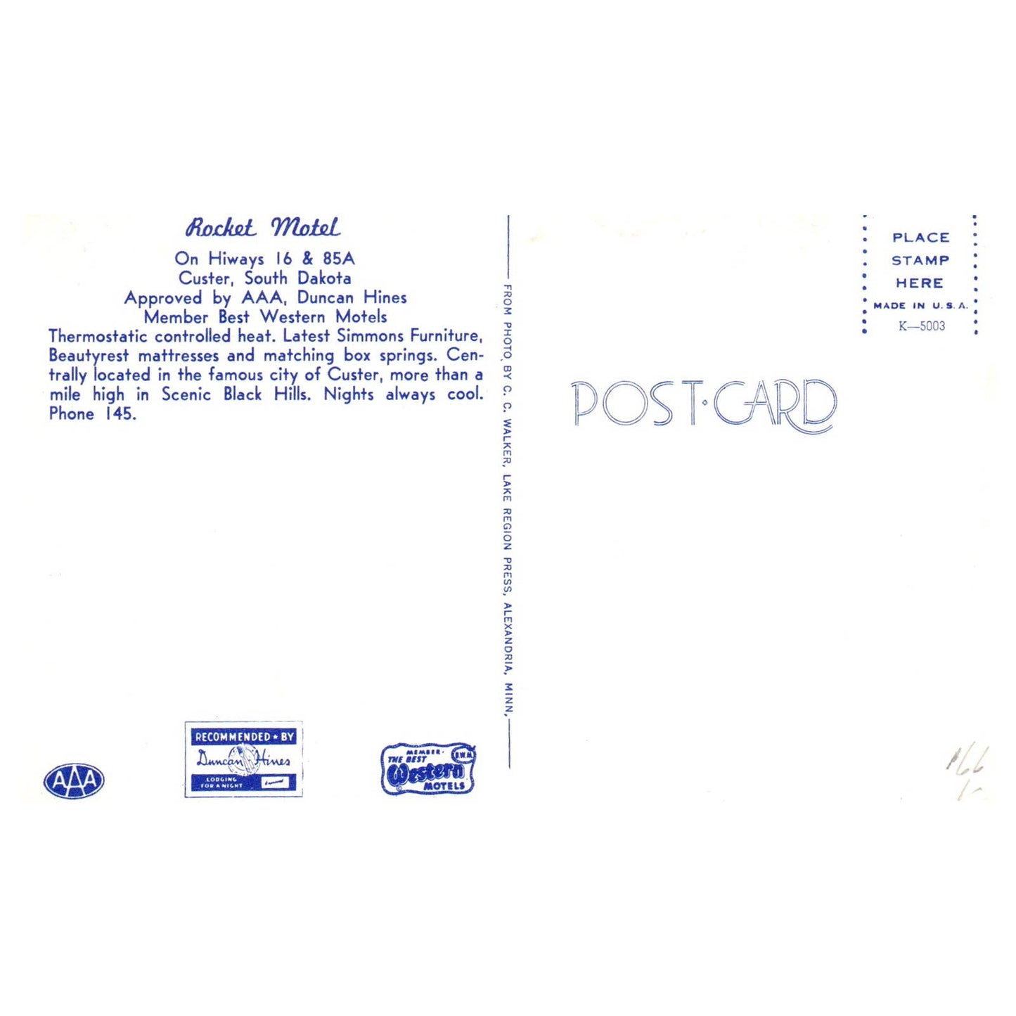 Rocket Motel AAA Custer South Dakota - Postcard TJ8-1