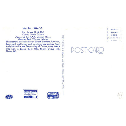 Rocket Motel AAA Custer South Dakota - Postcard TJ8-1