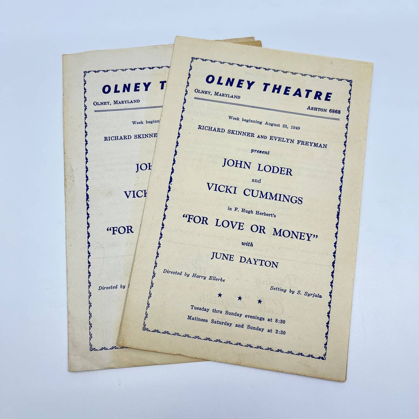 1940s Olney Theatre Program For Love or Money Vicki Cummings Set 2 Maryland AB3