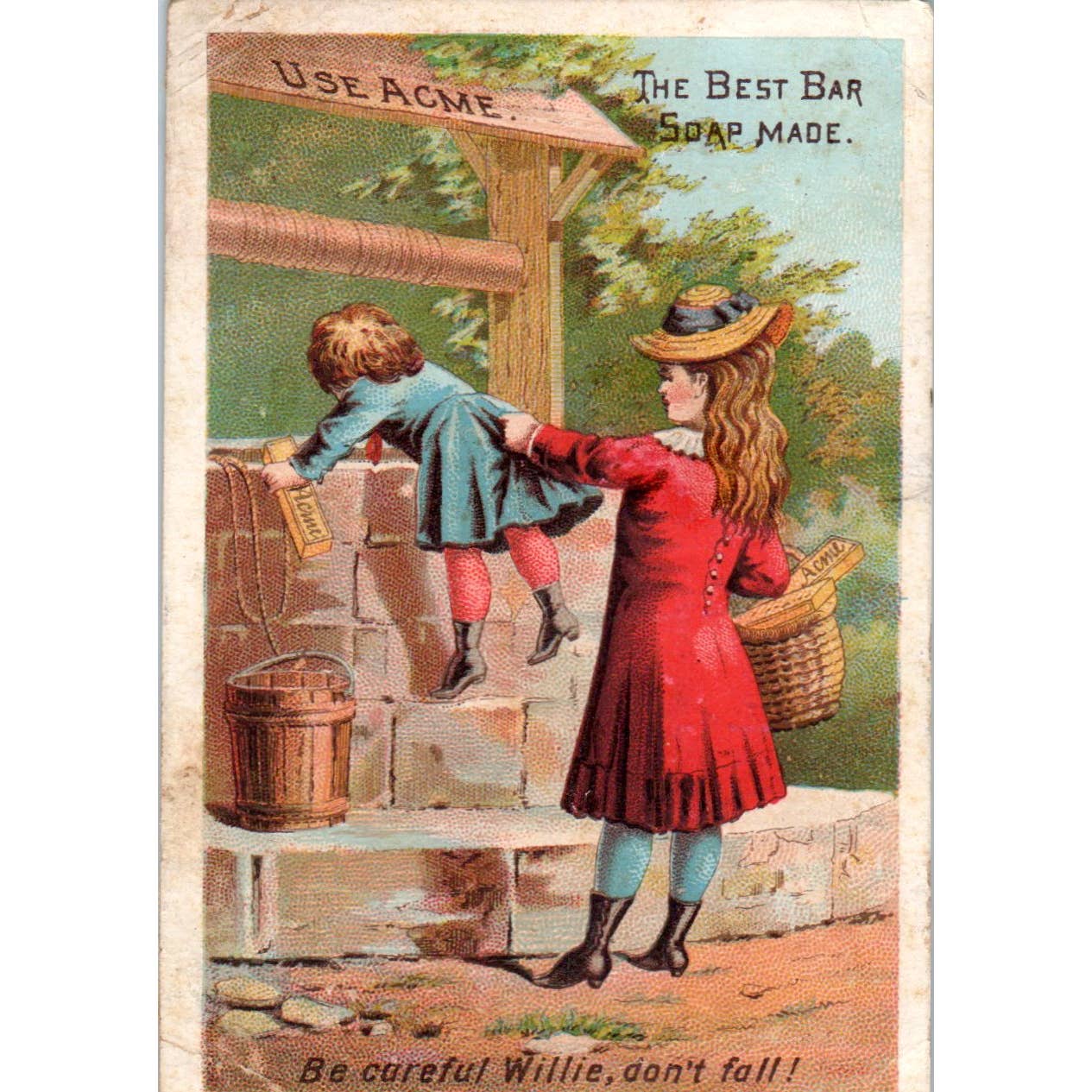 1880s Victorian Trade Card Acme Bar Soap Girl Helping Willie Look Down Well SF2