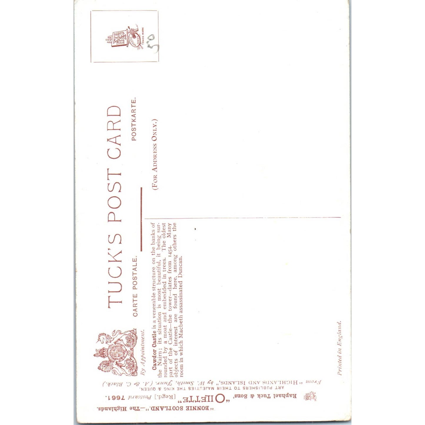 The Highlands - Cawdor Castle Raphael Tuck Oilette Original Postcard TK1-P17