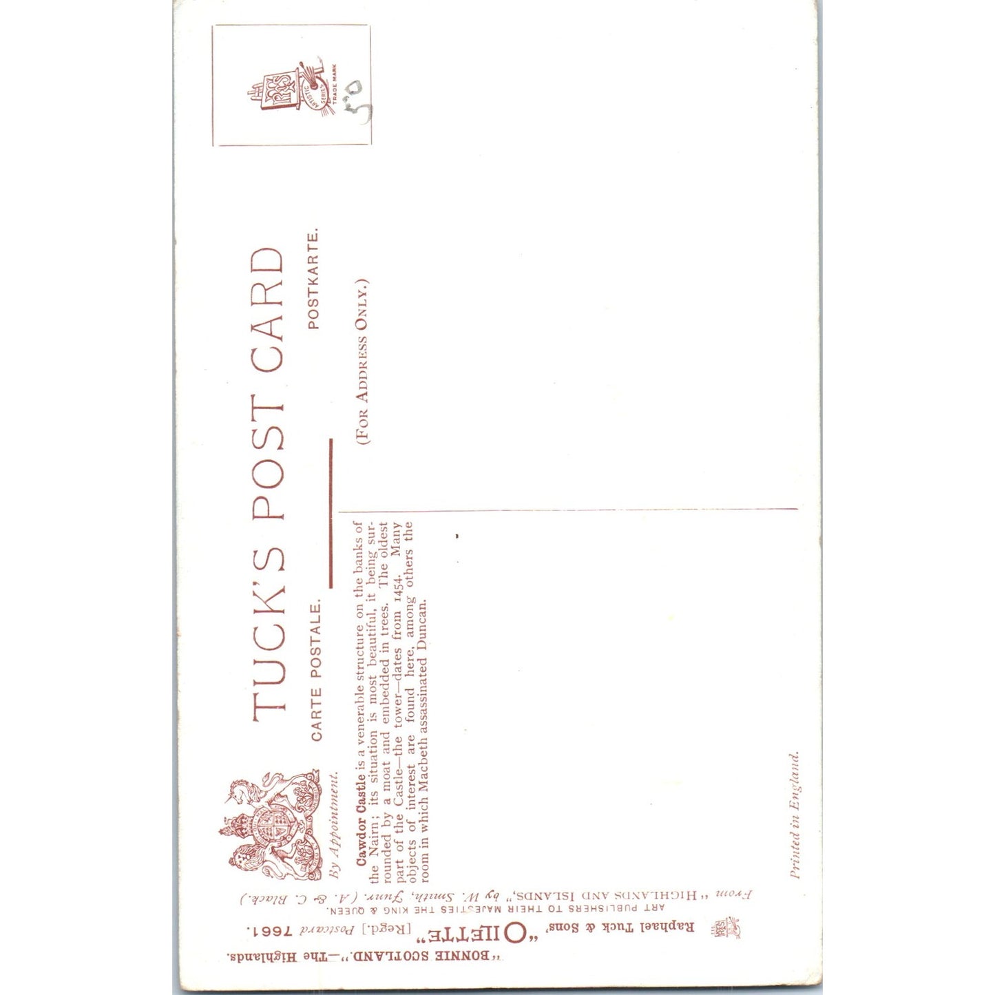 The Highlands - Cawdor Castle Raphael Tuck Oilette Original Postcard P3-2