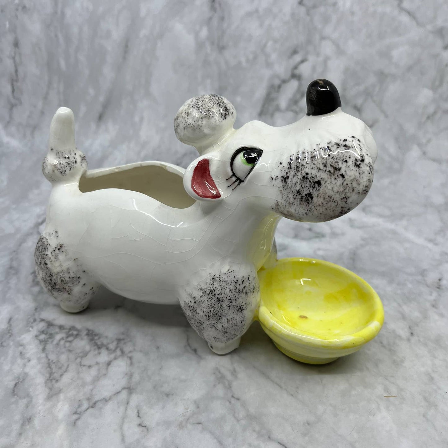 Vintage MCM Porcelain White Poodle & Dish Planter Japan 5x7" TJ2