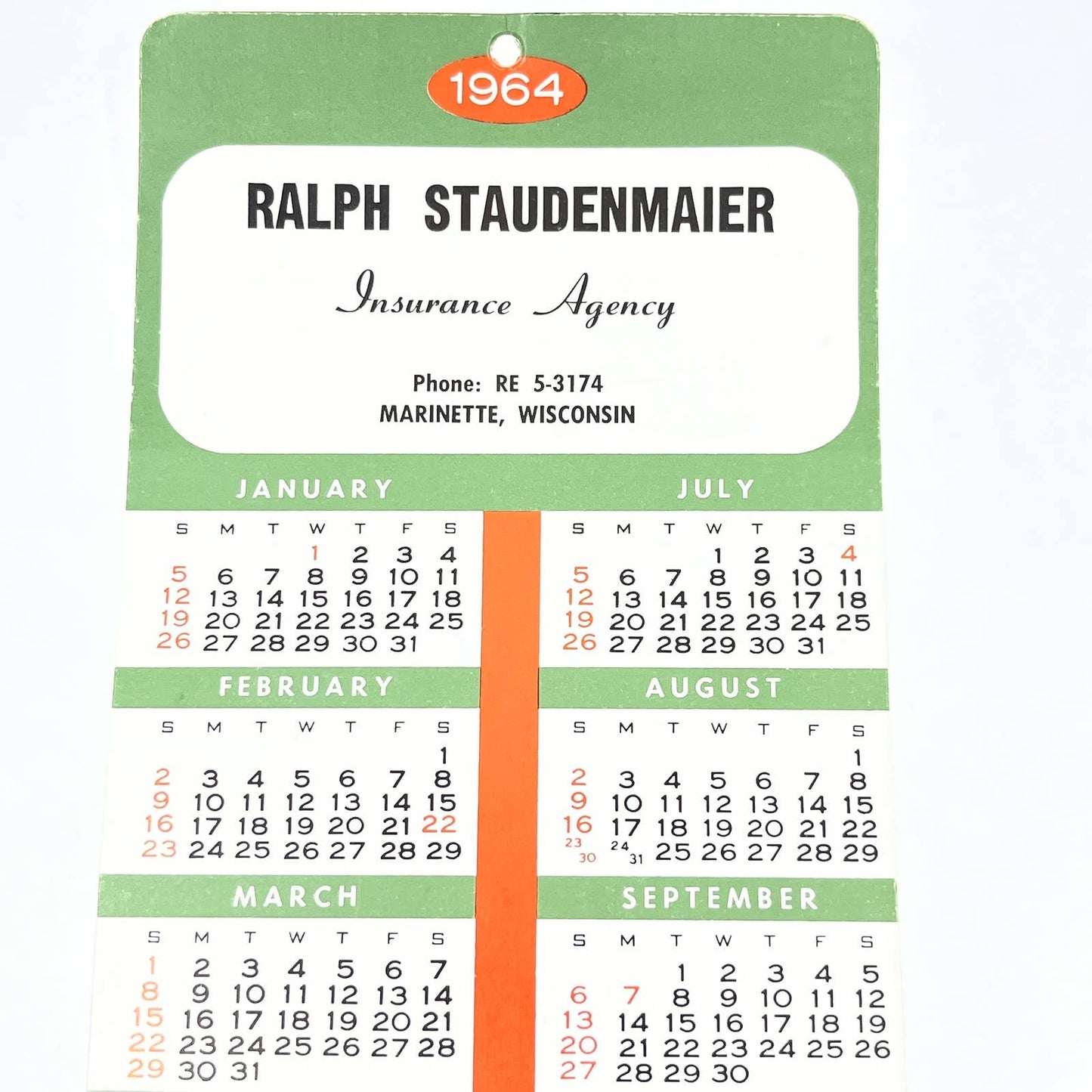 1964 Ralph Staudenmaier Insurance Agency Calendar Marinette Wisconsin AB8