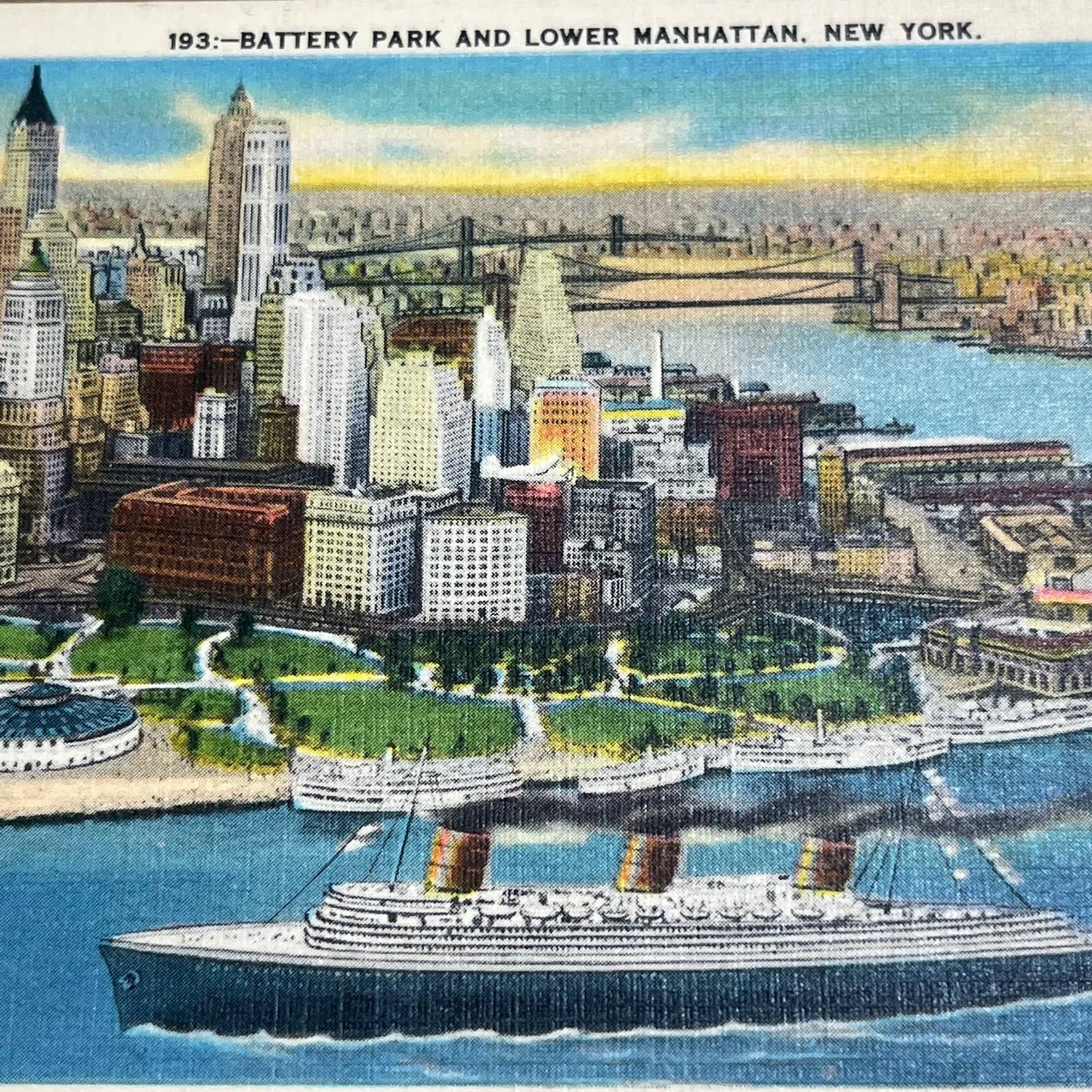 Vintage Postcard Battery Park Lower Manhattan Bird’s Eye View New York City PA1