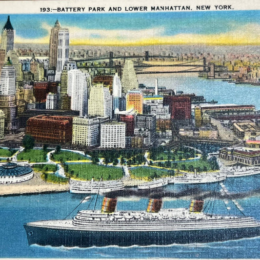 Vintage Postcard Battery Park Lower Manhattan Bird’s Eye View New York City PA1