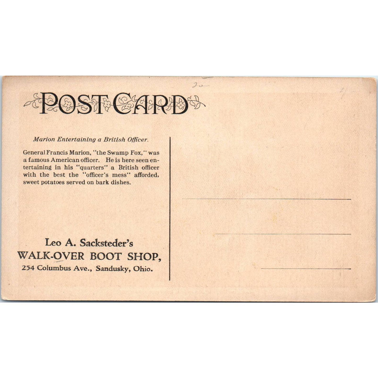 Francis Marion Leo Sacksteder Walk-Over Shoes Sandusky Original Postcard TK1-23