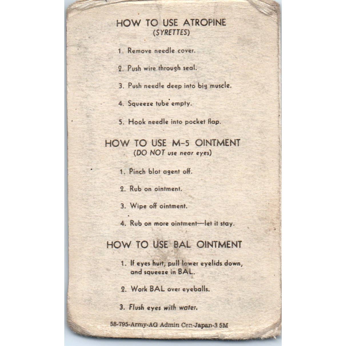 1954 Things To Do In a CBR Attack Dept. Of Army Pocket Card EA3